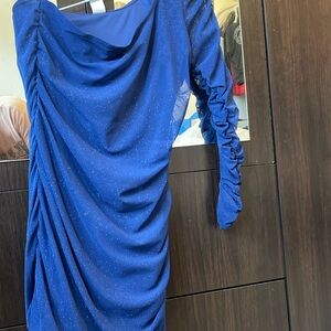 Elegant Blue Ruched Long Sleeve Dress